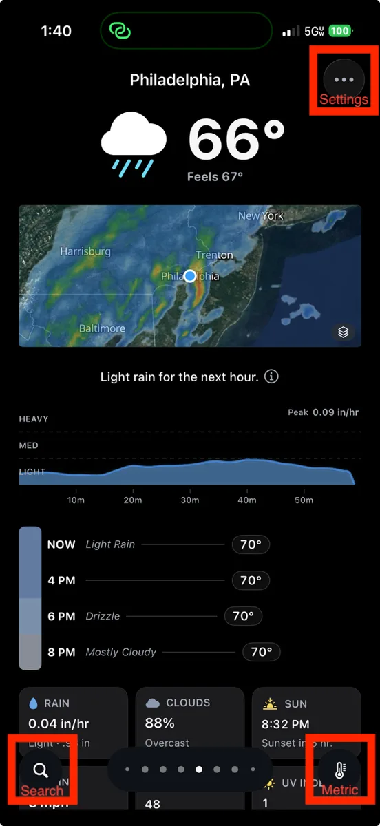 GrayCloud forecast view with the three default buttons highlighted and labeled: Settings in the top right, Search in the bottom left, and Metric in the bottom right.