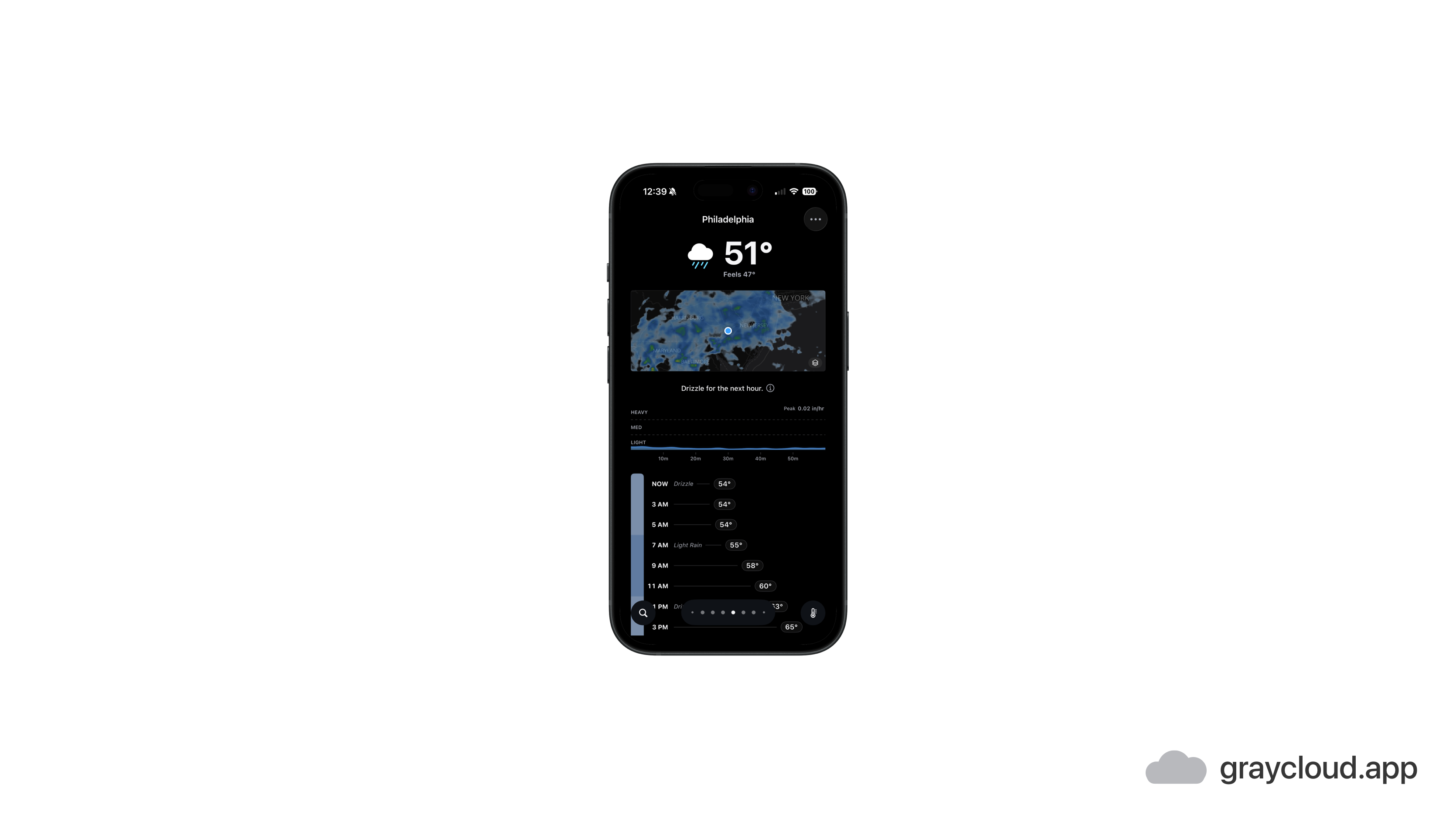 GrayCloud promo graphic showing the app on iPhone with the Philadelphia forecast, live radar map, and a minute-by-minute drizzle timeline for the next hour
