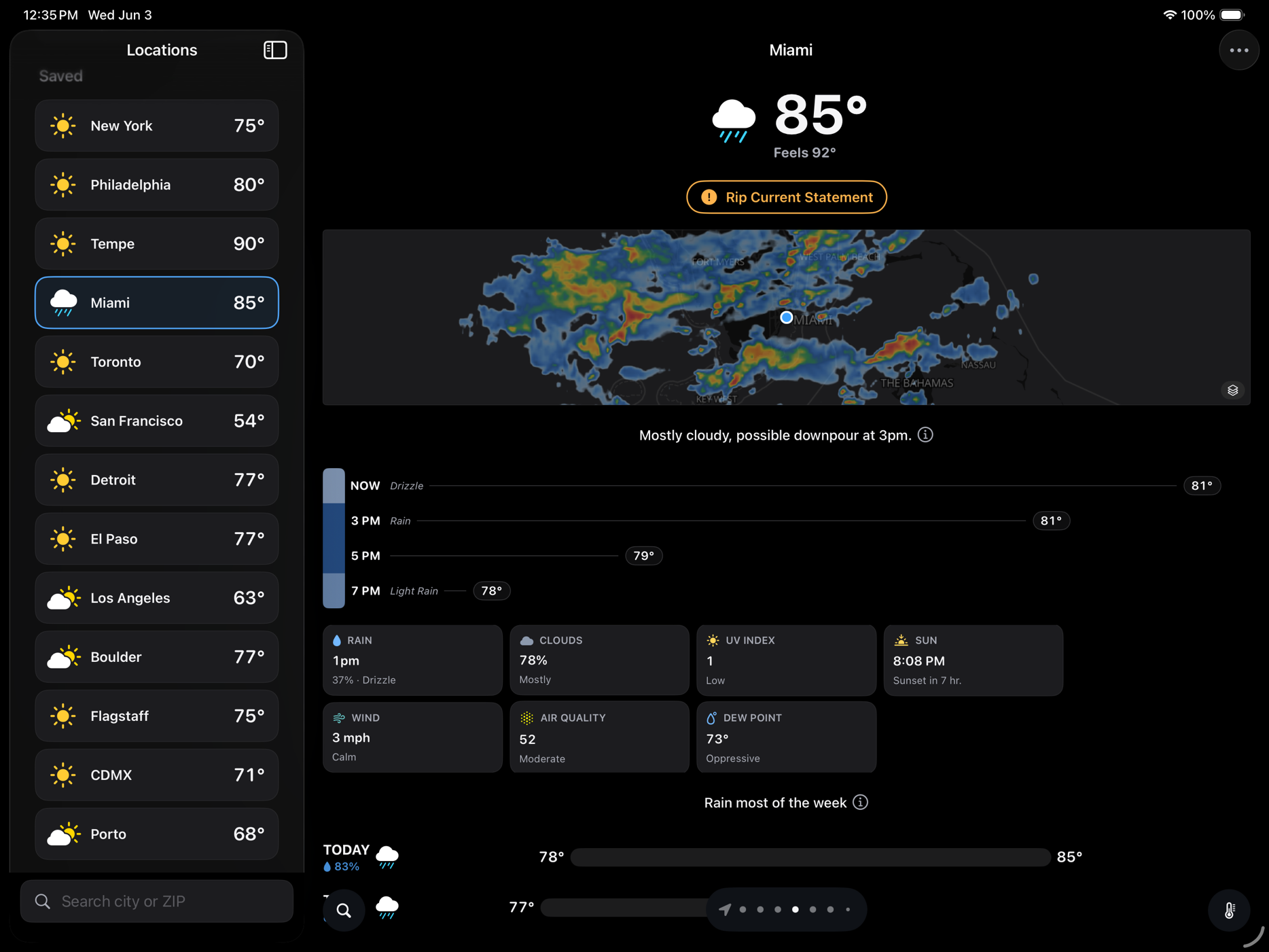 GrayCloud on iPad showing the Miami live radar, dark appearance