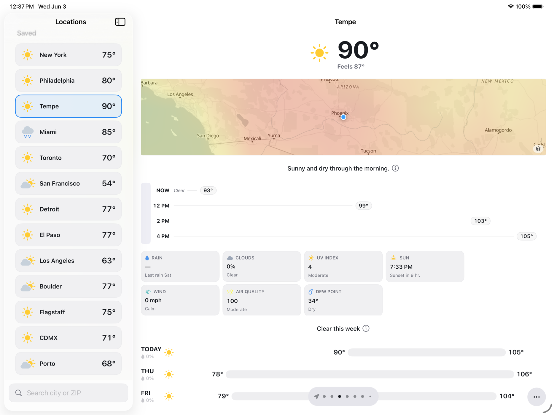GrayCloud on iPad showing the Tempe forecast and heat map, light appearance