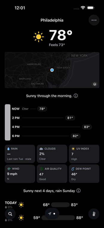 GrayCloud forecast home for Philadelphia on iPhone, dark appearance