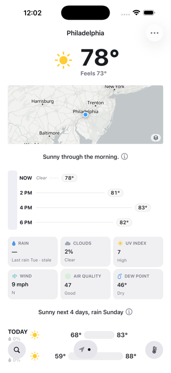GrayCloud forecast home for Philadelphia on iPhone, light appearance