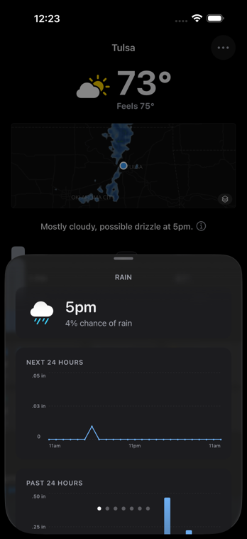 GrayCloud forecast for Tulsa on iPhone with the rain detail sheet sliding up