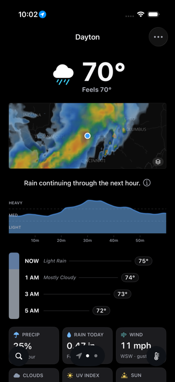 GrayCloud Raincast on iPhone showing a radar map and a minute-by-minute rain timeline