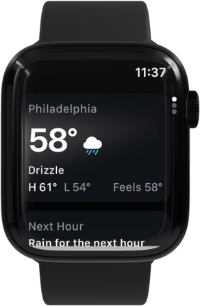 GrayCloud on Apple Watch showing Philadelphia at 58 degrees with drizzle
